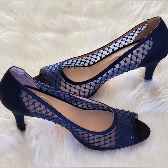 Nina Fanya Satin Navy Peep-Toe Heels With Mesh And Rhinestone Design Size 10 - Picture 4 of 8